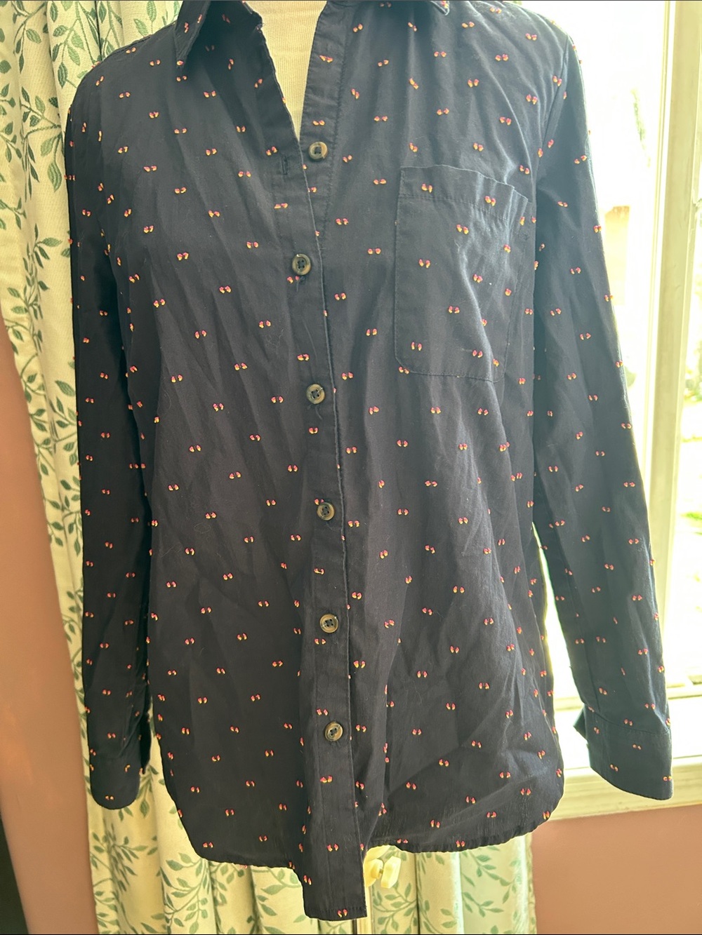 Anthropologie Navy Button-Front Blouse with Tiny Red Dot Motif